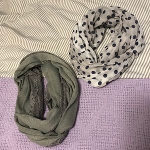 Two infinity scarves, grey lace and navy polka dot